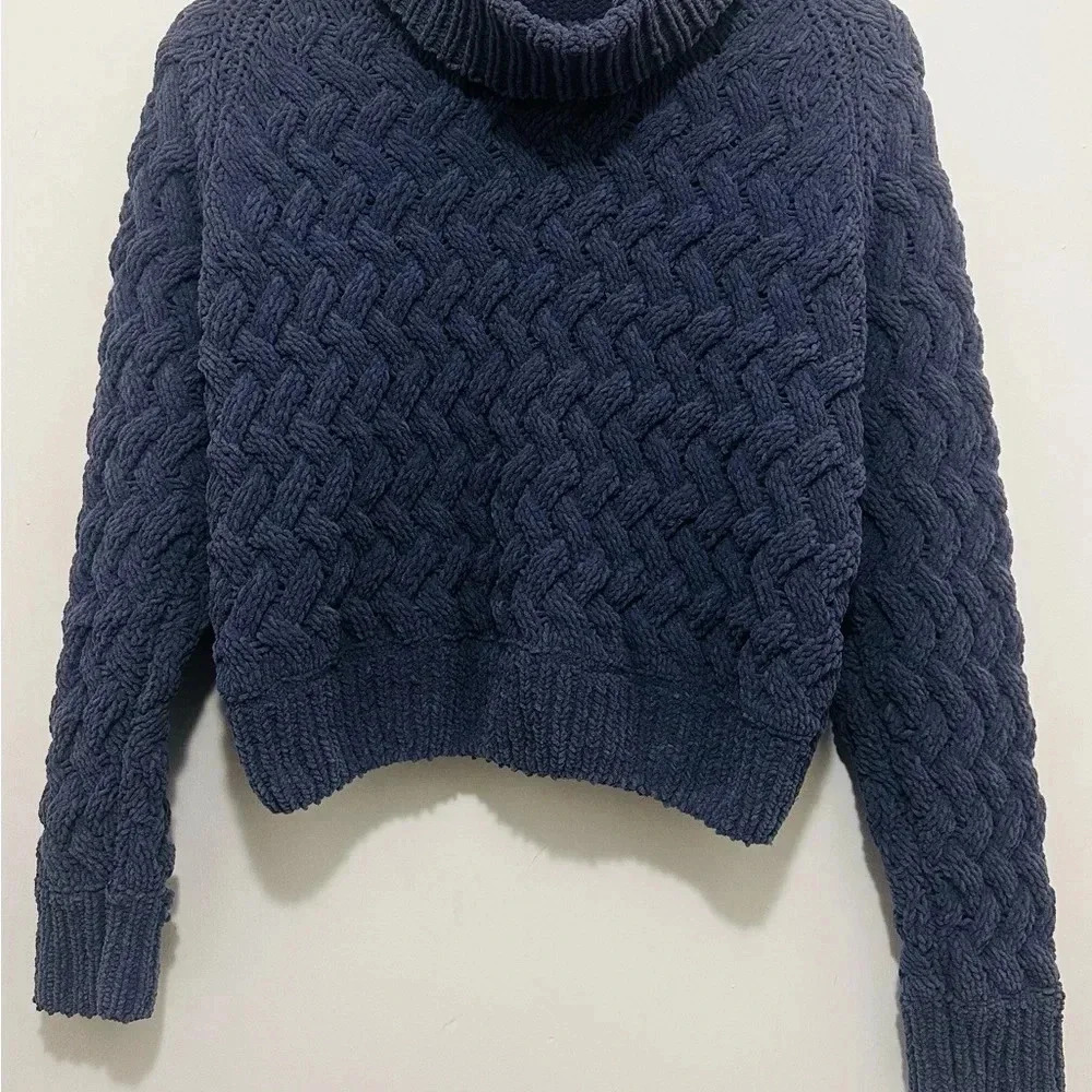 Kendall & Kylie Blue Cowl Turtleneck Sweater with Cable Knit Design